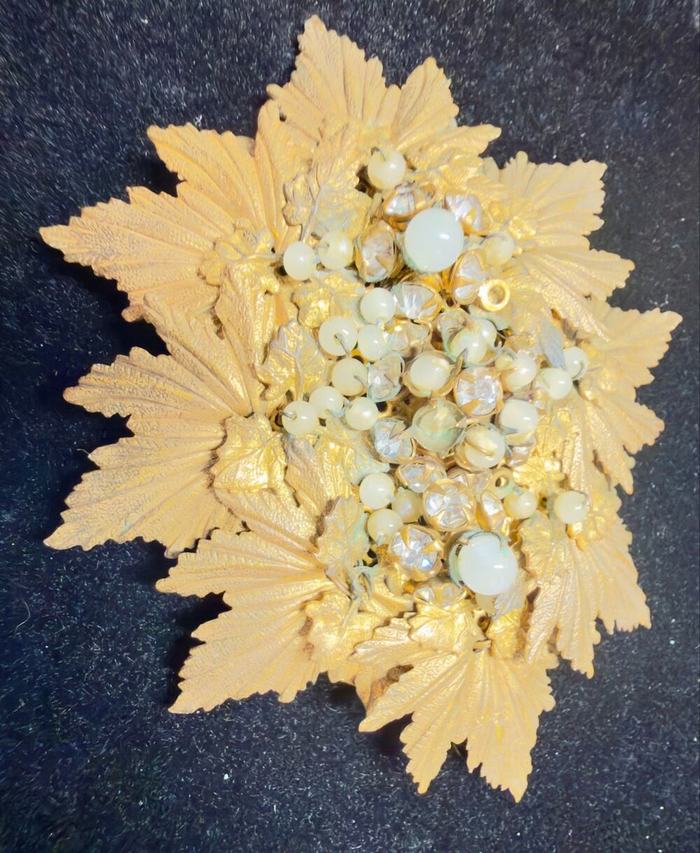 VTG Gilt Leaf Floral Spray Berry Brooch Faux Moonstone & Hand-Wired Mid-Century